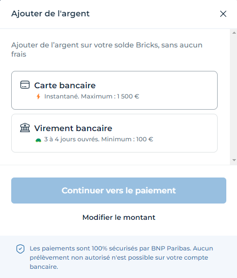 Ajouter de l'argent sur son compte Bricks